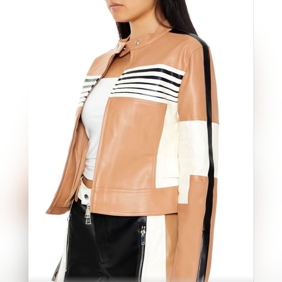 Vegan Leather Striped Color-block Moto Jacket Brown White MEDIUM - Picture 2 of 14